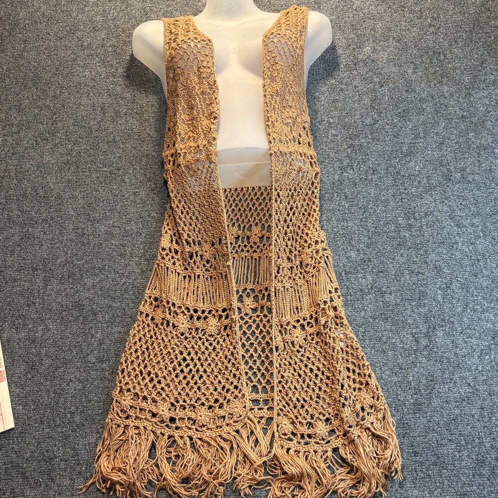 Pink Rose Women XL Tan  Crochet Knit Fringe Long Vest Open Front Boho Festival